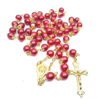 Hot rosary necklace Catholic religious Christian ornament cross red pearl necklace with flower holder