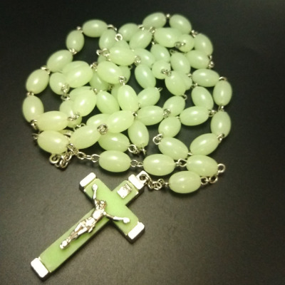 Luminous rosary necklace Christian Catholic Madonna Christian cross rice bead necklace 9*11mm