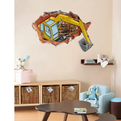 The Children 's 3 d excavator glass wall becomes kindergarten background wall decoration stickers