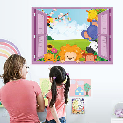 Can remove the wall sticker of animal false window cartoon background wall of kindergarten children's room