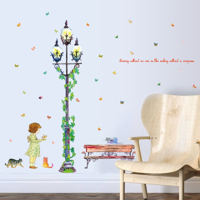 Factory Wholesale Roadside Little Girl Kitty Green Vine Winding Street Lamp Bedroom Background Wall Sticker