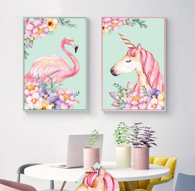 The Small fresh Nordic pink flowers flamingo unicorn decoration painting high definition micro spray painting core print waterproof murals