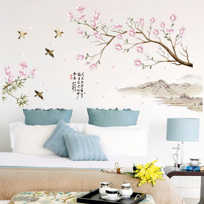 New Chinese Style Beautiful Peach Blossom Bedroom Dining Room Hallway Study Living Room Doors and Windows Decorative Wall Stickers