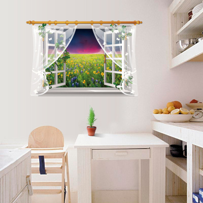 New Night Curtain Flower Sea Car Window Shade Landscape Fake Window Wall Stickers Living Room Bedroom Kitchen Decorative Stickers