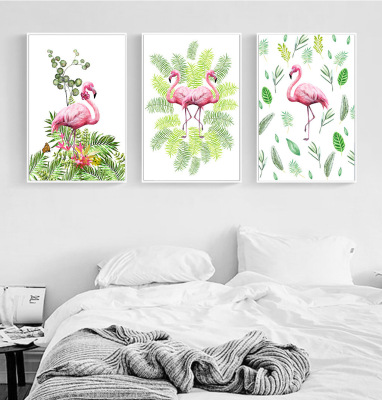 Northern European decorative painting core green plant leaves flamingo hanging painting bedroom bedside painting triptych