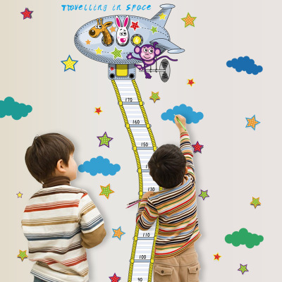 Cartoon Aircraft Small Animal Space Flight Ladder Height Measurement Wall Sticker Entrance Decorative Sticker