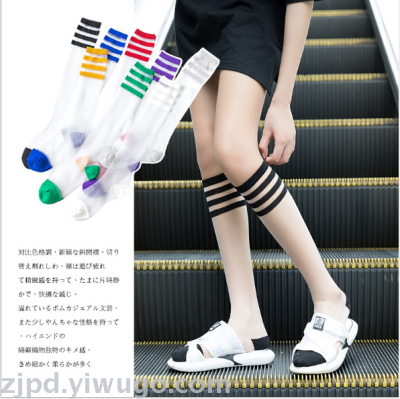 Korean edition stripe transparent crystal silk stockings in the stockings students ultra-thin leg socks