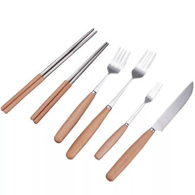 Stainless Steel Tableware with Wooden Handle Western Food/Steak Knife and Fork Household Hotel Tableware Supplies Stainless Steel Tableware Knife, Fork and Spoon