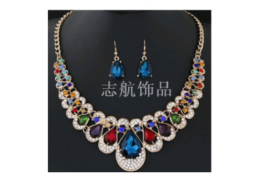 Metal flash diamond gemstone earrings set Colorful diamond drop couple necklace a pair of girls clavicle chain sweater c