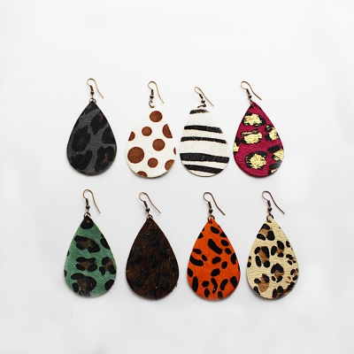 Genuine leather horsehair leopard pattern pattern single side drop shape earring leather decorative material decoration