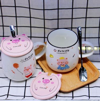 Ceramic Cup Creative Piggy Cartoon Cup Mug Cup with Spoon Lid Promotional Gift Factory Direct Sales