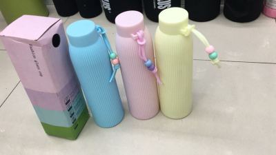 Double Bead Anti-Scald Double Wall Water Bottle Inner Glass Outer Plastic Drop-Proof and Portable with Handy Cup Heat Insulation Student Cup