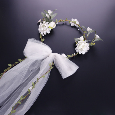 Foreign trade source rice white garlands head yarn European and American rattan simulation flower princess headband bow tie with wedding tiara