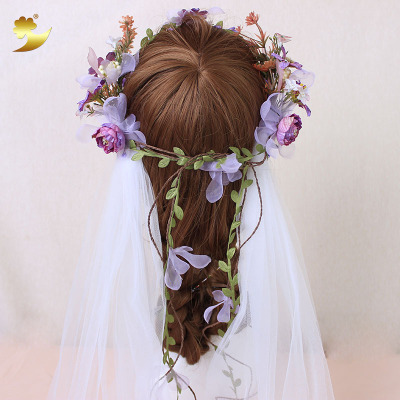 European and American exaggerated two - color garland veil bride hand woven fuscia two - color rose bud garland veil