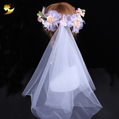 Direct sales of European and American flower bud veil bride hand-woven pink purple two-color rose wedding dress garland veil