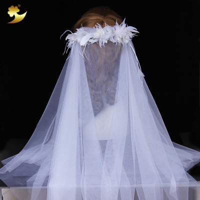 Design new European and American double layer rice powder chrysanthemum bride white wedding dress garland children's princess dress headpiece