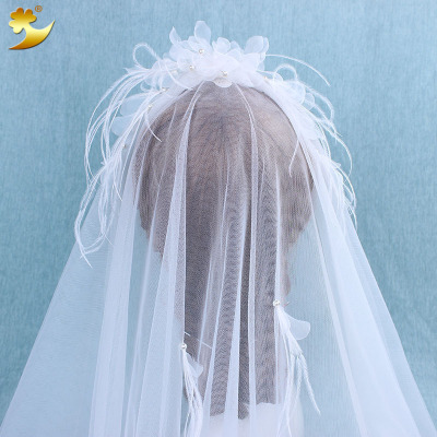 European and American children's festival performance veil bride wedding mesh yarn rice white ostrich feather fairy veil manufacturers wholesale female