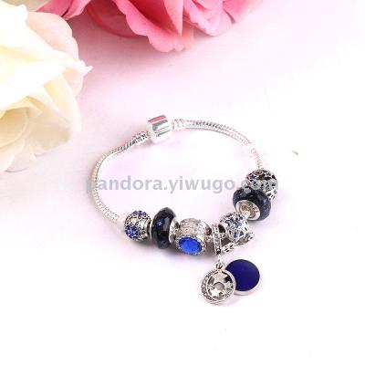Pantona 925 silver-blue stained-sky beaded bracelet retro national style star glass bead moon pendant bracelet