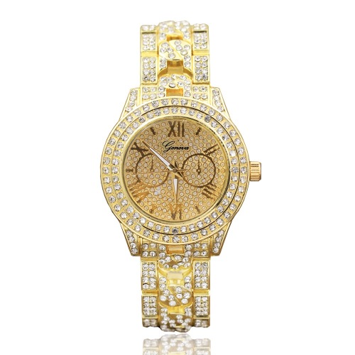 geneva full diamond double eyes alloy watch diamond steel belt watch quartz women‘s watch wholesale