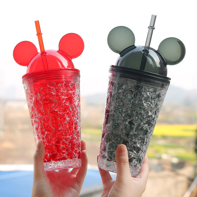 Fashion Double-Layer Straw Mickey Ice Cup Summer Cold Drink Juice Coffee Cup Plastic Cup Wholesale in Stock