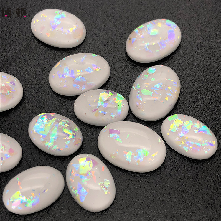 厂家批发环保树脂钻平底戒面椭圆仿欧泊彩贝系列箱包配饰手工材料