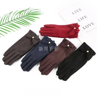Korean version of autumn and winter bow gloves for ladies new suede warm touch screen gloves