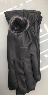 Winter lady Korean fashion fur ball plus velvet warm outdoor cycling touch screen PU leather gloves