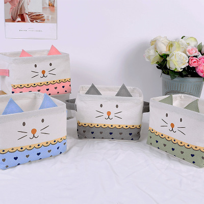 Cute cat cotton and linen art storage basket with handle storage box folding table cosmetics storage box