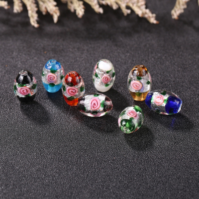 Silver foil inlaid flower glass beads Japanese hand painted glass oval beads DIY bracelet necklace accessories wholesale