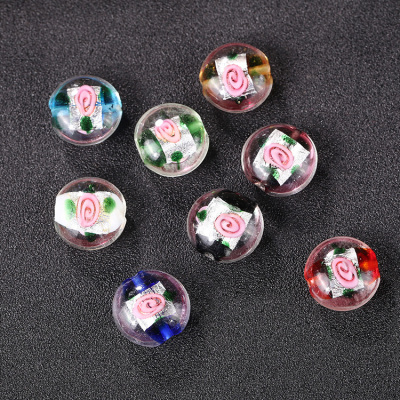 Silver foil inlaid flower glass beads flat round beads Japanese hand-painted glass beads flat round beads DIY bracelet necklace accessories wholesale