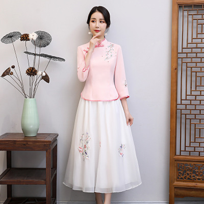 Women's fashion modified qipao 2019 new Chinese style slimming body two-piece embroidered girl qipao dress