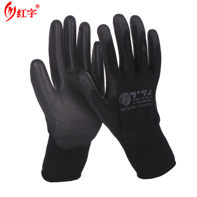 Hongzi 13 needle nylon black PU gloves semi-hang coated rubber labor insurance electronic work gloves anti-static gloves wholesale