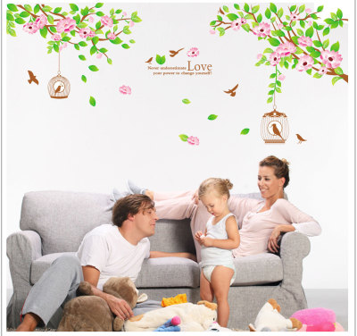 Yellow clear new wind birdcage flower branch sticks wall last bedroom TV setting wall to decorate wall last oneself