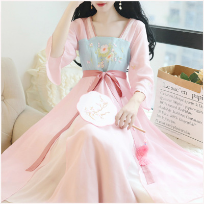 Lady's dress spring and summer new embroidery bow fresh quietly elegant hanfu improved antique dress