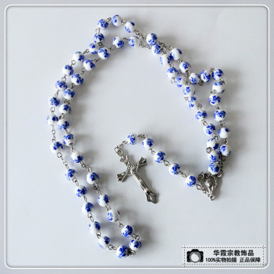 Catholic religious Christian articles craft ornaments blue and white porcelain cross rosary necklace