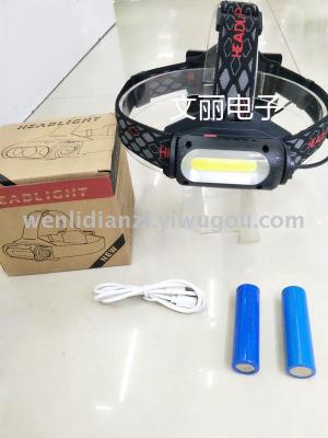 New multi-functional strong bald light white red green three light source COB head lamp USB charging rotary warning 