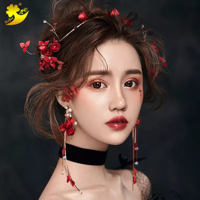 New 2018 Chinese vintage wine and red earrings headband set bridal festival show women's simple hair accessories