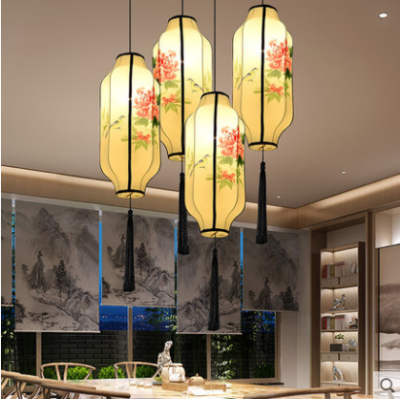 Chinese Fabric Craft Hand Painted Lantern Classic Style GD Restaurant and Tea House Aisle Creative Wax Gourd Long Fabric Pendant Lamp