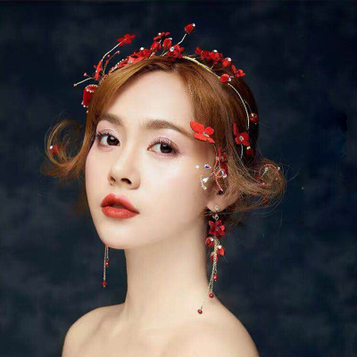 Korean bride red flower bud bow band toasting gown accessories wedding tray hair headgear 2018 new