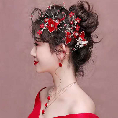 Korean red bride headdress 2018 new super fairy wedding side clip accessories wedding dress toasting dress accessories style