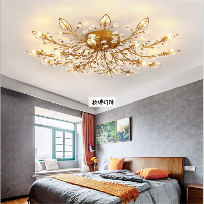 American Crystal Living Room Ceiling Lamp Led Simple Restaurant European-Style Iron Flower Branch Bedroom Ceiling Lamp
