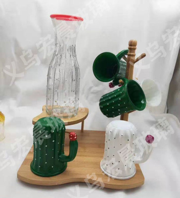 2019 new exquisite cactus glass set with handle, tropical style with cover, horizontal grain and wide mouth
