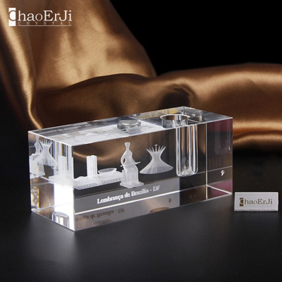 Customized crystal cube 3 d laser internal carving crafts decoration office school supplies with pen inserted souvenirs