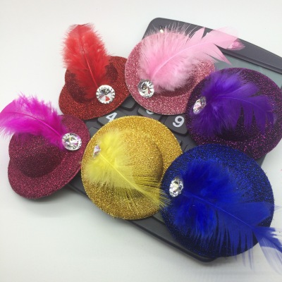 Korean children's hair decoration lovely stage show feather diamond fine color small hat straw hat hairpin factory direc
