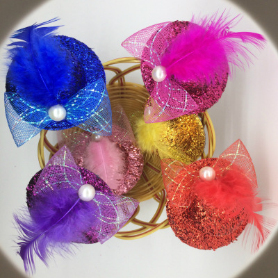 Korean Style Children's Mini Coarse Color Hat Barrettes Performance Stage Collar plus Pearl Billycock Wholesale Factory Direct Sales