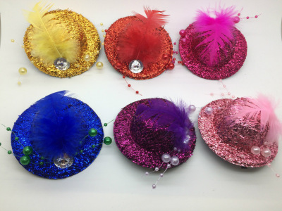Korean version of the children 's coarse color hat hairpin performance stage feather top hat headdress beads diamond hair ornaments