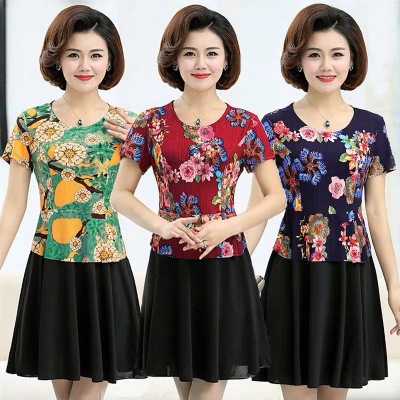 Summer new middle-aged and elderly women's clothing fat mother faked two loose short sleeve stretch belle dresses