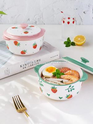 Hand-painted noodle bowl strawberry soup bowl home creative noodle bowl personalized ceramic bowl with cover large bowl