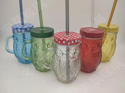 Manufacturer direct glass handle mason cup owl style glass drink glass straw cup