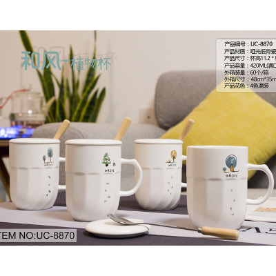 Creative printed ceramic cup with lid and spoon straight body milk tea cup and air plant cup (60 containers)